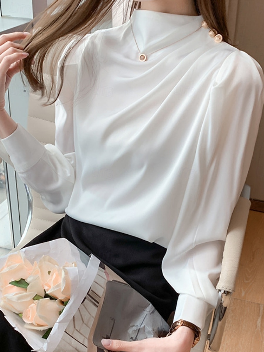 Damen Hemd Bluse Feste Farbe Basic Brautkleider schlicht Langarm Rollkragen Normale Oberteile Täglich Rüschen Weiß Rote Blau Sommer Frühling Herbst 2025 - $23.99 –P8