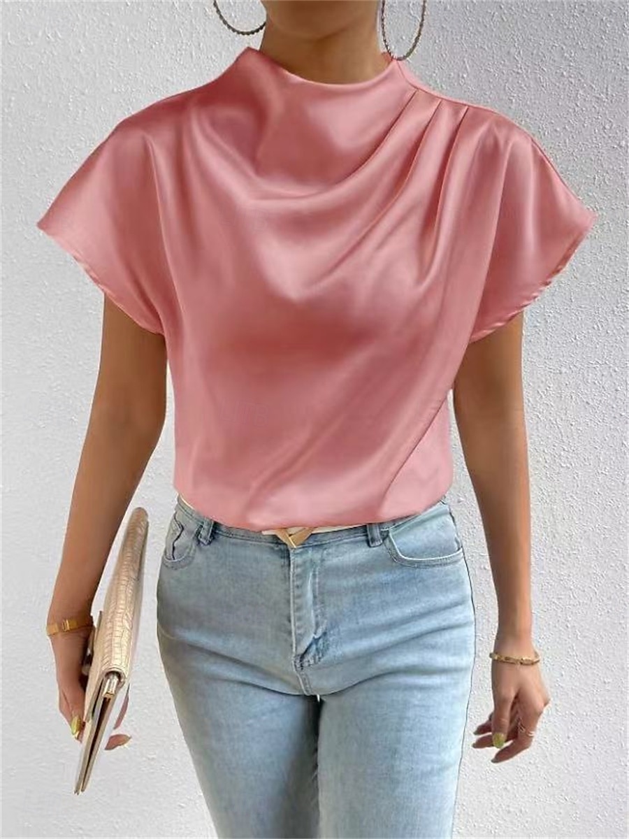 Dame Bluse Helfarge Daglig Stilfull Fritid Kortermet Crew-hals Vanlige topper Daglig Lapper Svart Hvit Rosa Sommer Vår Høst 2025 - $23.99 –P8