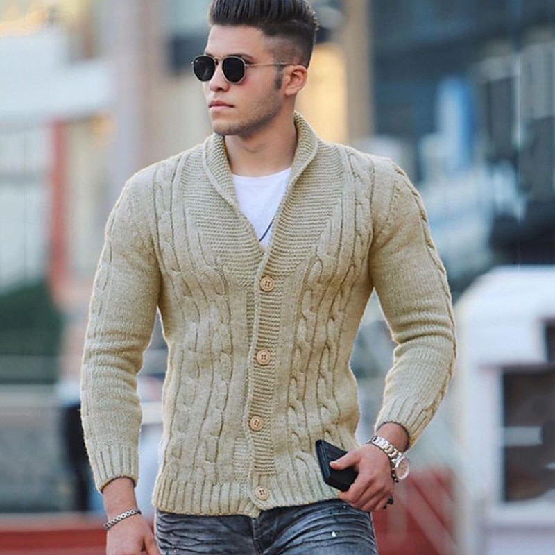 Men's Sweater Cardigan Sweater Fall Sweater Cable Cropped Plain Shawl Collar Fashion Warm Ups Christmas Xmas Clothing Apparel Fall & Winter Wine Red Black S M L 2025 - $27.99 –P1