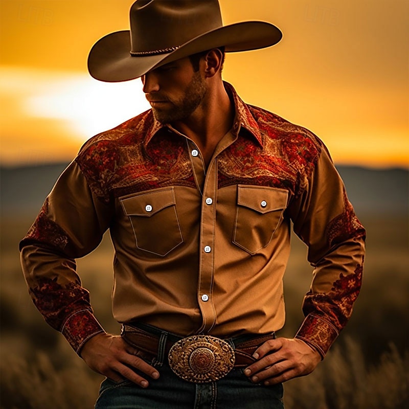 Hombre Tribal Impresión de pañuelo Camisa camisa occidental Manga Larga Camisa Cuello Vuelto Vintage Exterior Calle Casual Diario Rosa Rojo Azul S M L 2026 - $14.49 –P16