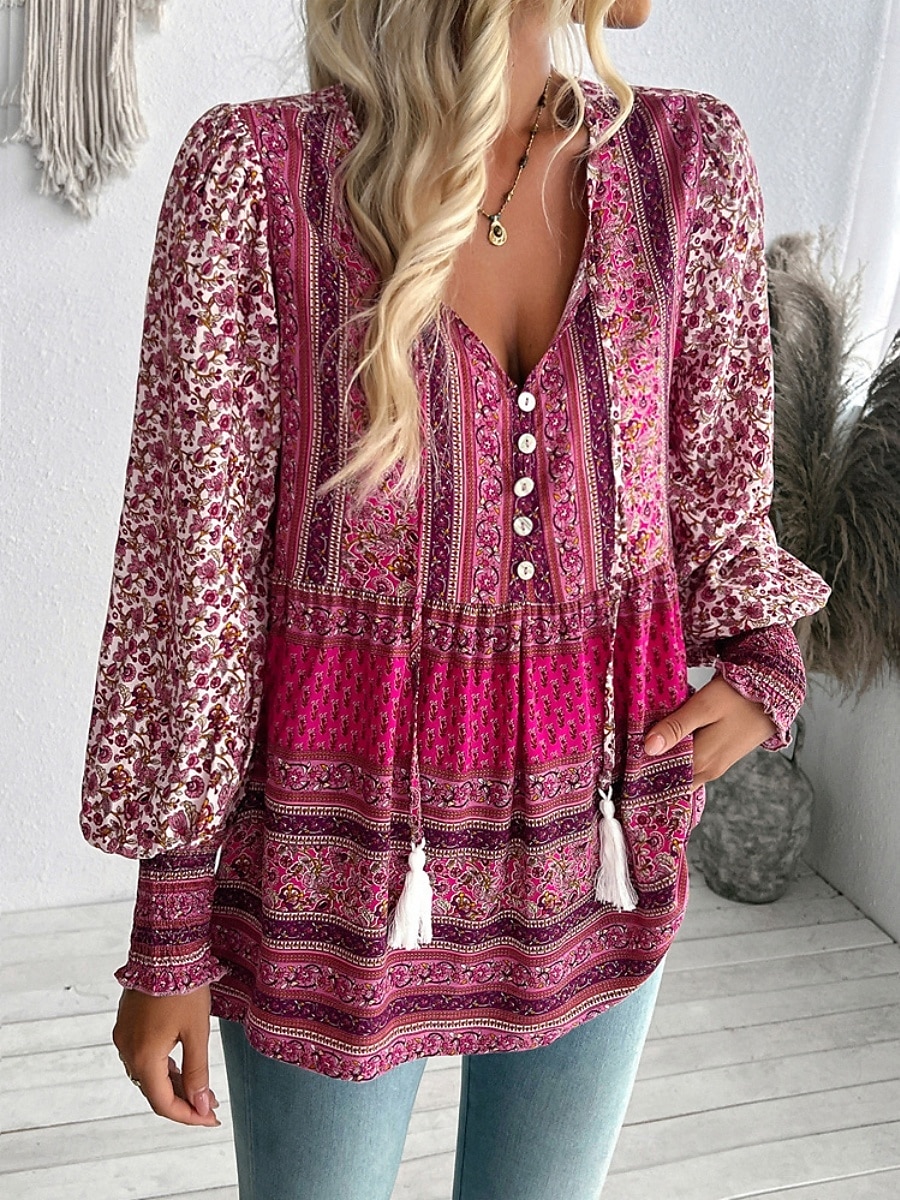 Dames Overhemd Blouse Bloemig Bohemen Casual Lange mouw V-hals Normale tops Dagelijks Afdrukken blauw Fuchsia Lente Herfst 2025 - $34.99 –P1