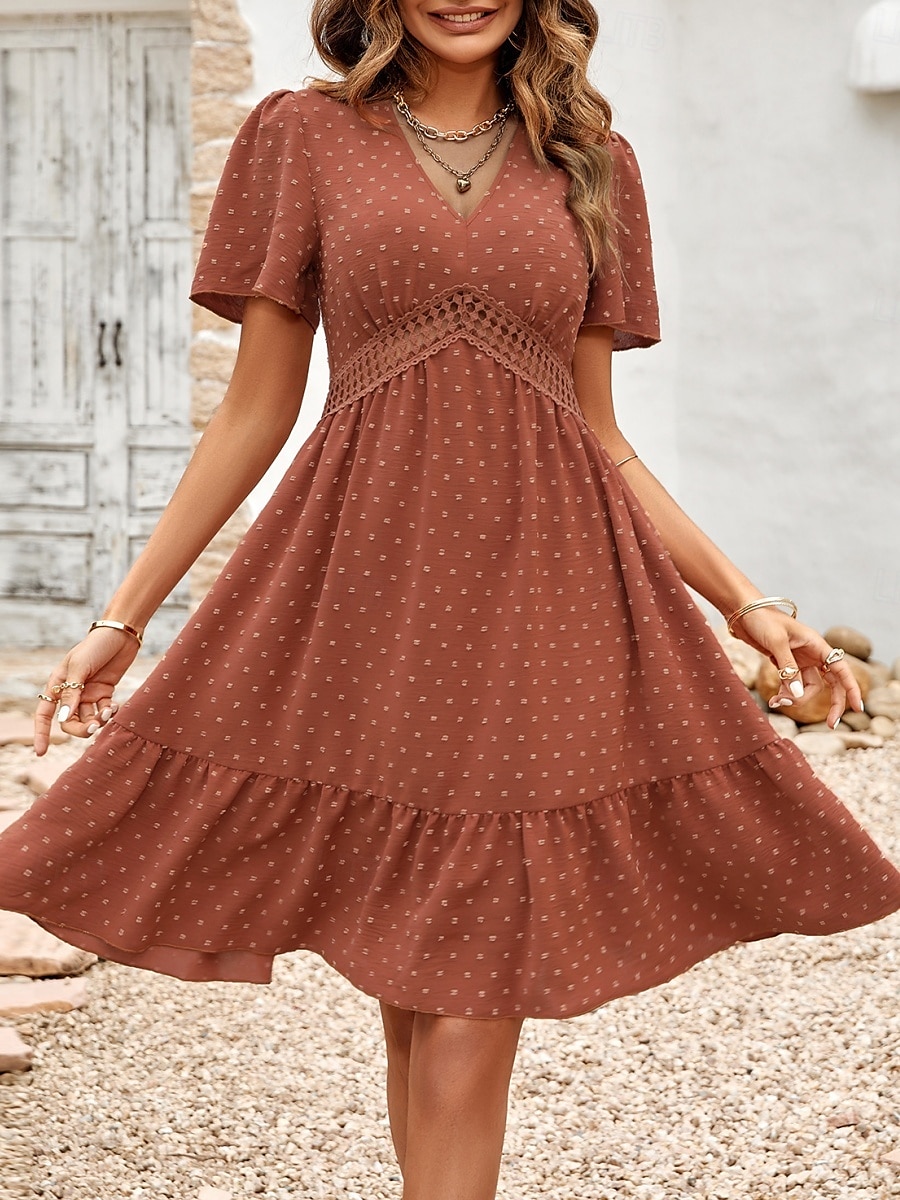 Dam Mini klänning Vardagsklänning A linjeklänning Stylish Grundläggande Ledigt Semester Dagligen Normal Slät Kortärmad V-hals Ljusgrön Rubinrött Sommar Vår 2025 - $38.99 –P6