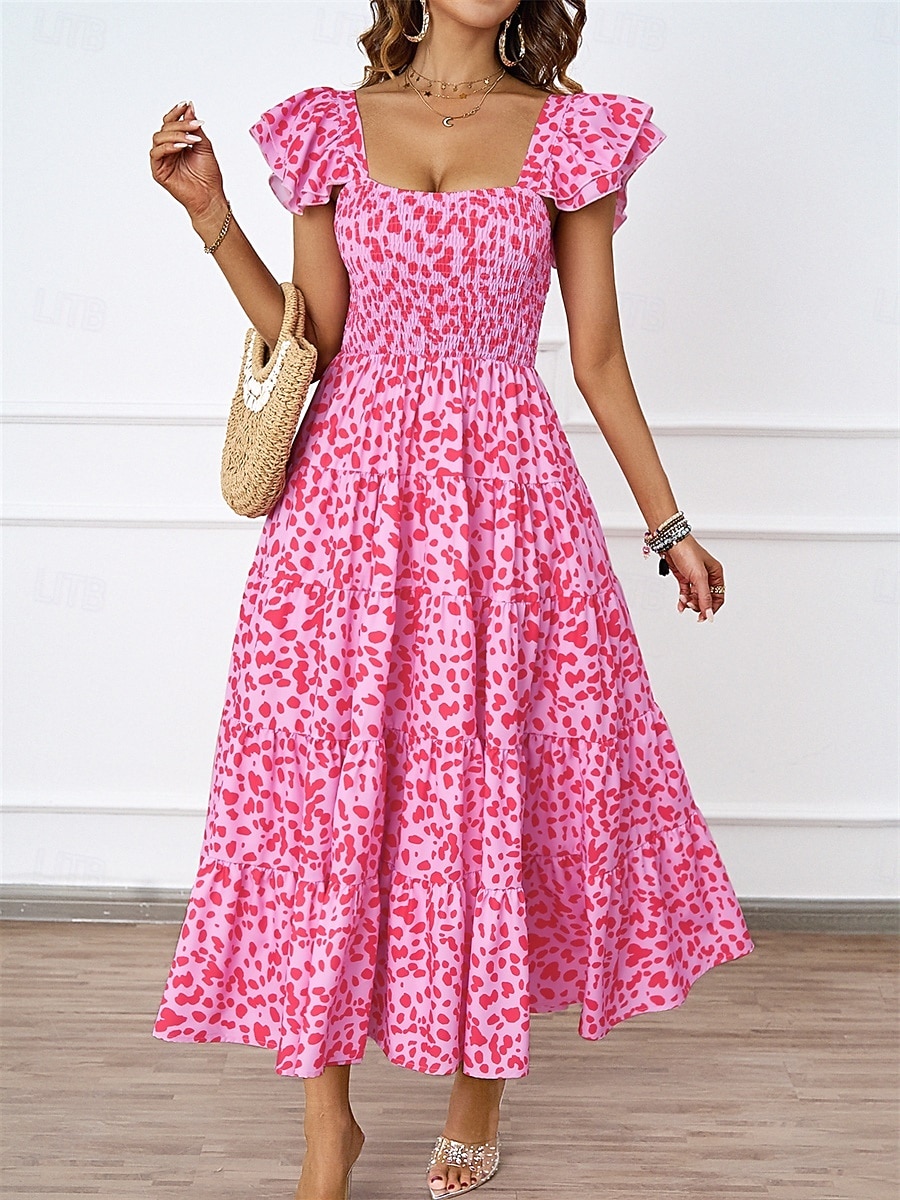 فستان نسائي متوسط الطول برقبة مربعة وأكمام قصيرة للصيف والربيع 2025 - $52.99 –P9