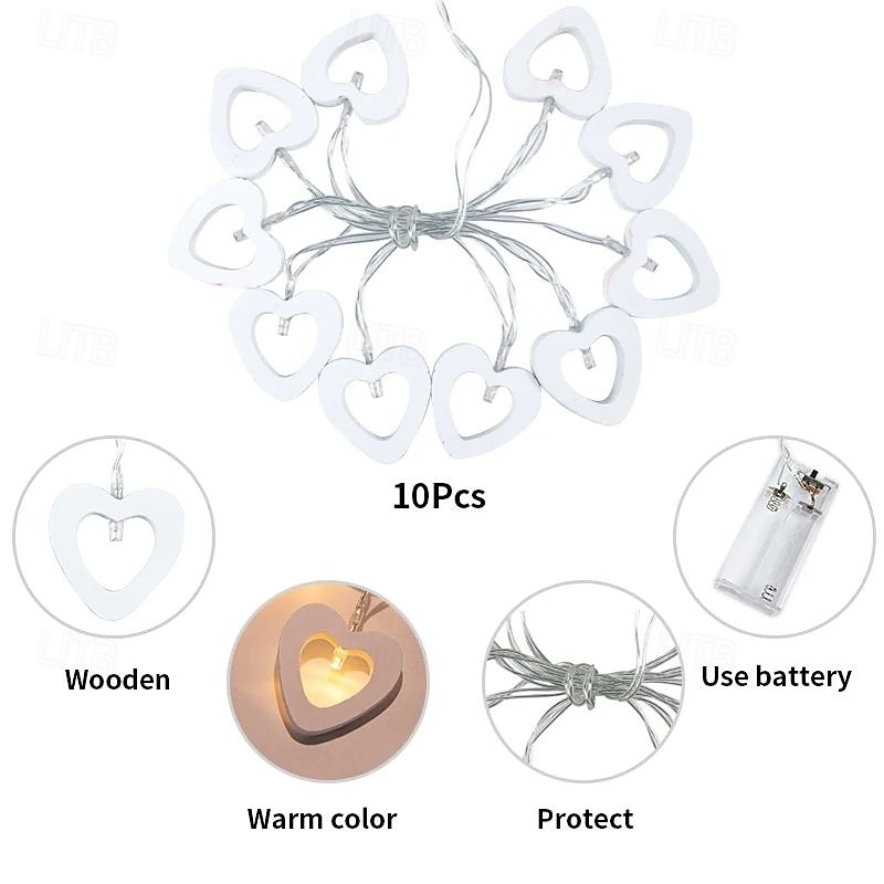 10/20LEDs Valentine's Day Wooden Heart String Lights LED Fairy Lights Hanging Wood Love Lamp Garland Valentine's Day Wedding decor 2025 - $12.99 –P9