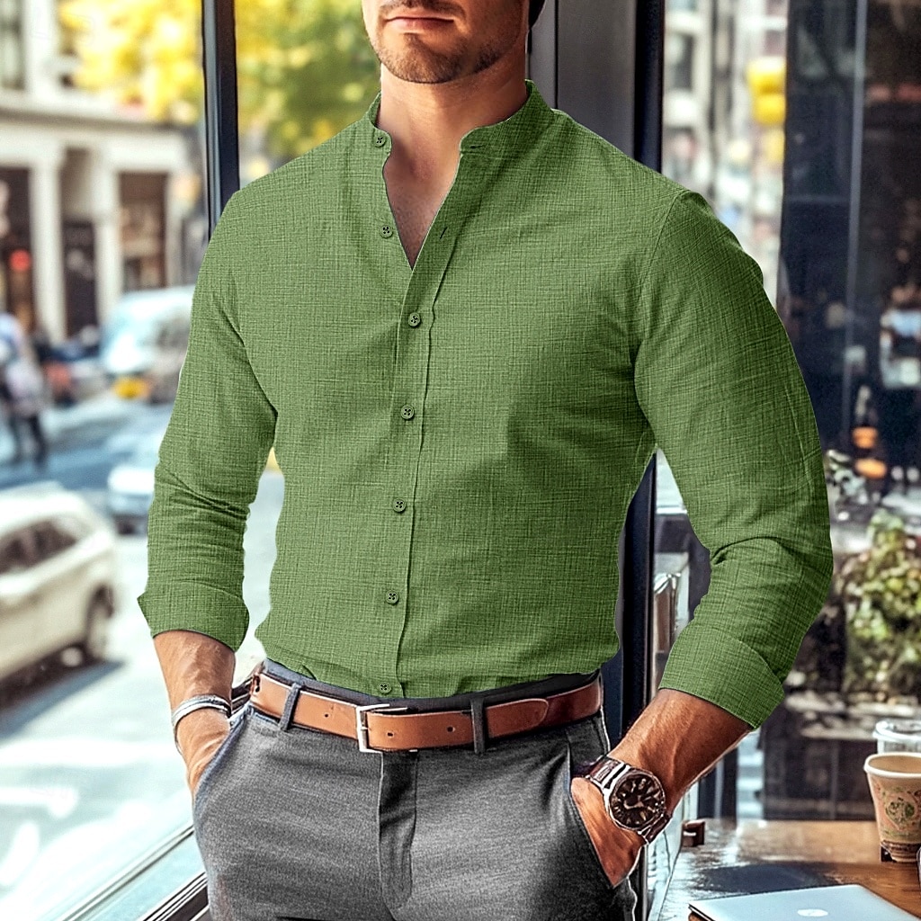Men's Shirt Band Collar Shirt Summer Shirt Dress Shirt Button Up Shirt Solid Color Work Wear to work Black White Pink Blue Long Sleeve Collar Clothing Apparel 2025 - $27.99 –P9