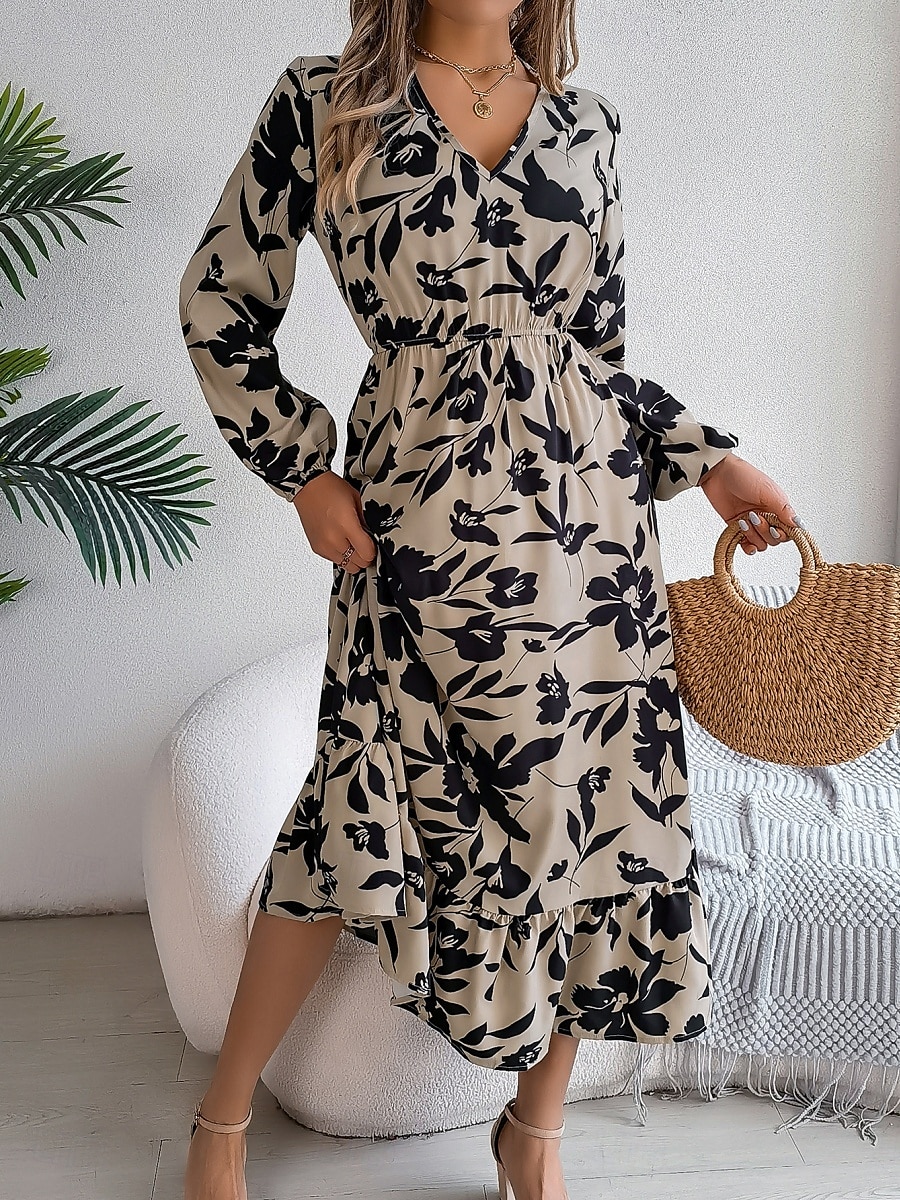 Női Midi ruha hétköznapi ruha Swing ruha A vonalú ruha Stílusos Alkalmi Vakáció Napi Normál Falevél Hosszú ujj V-alakú Bor Khakizöld Tavasz Ősz 2025 - $33.99 –P3