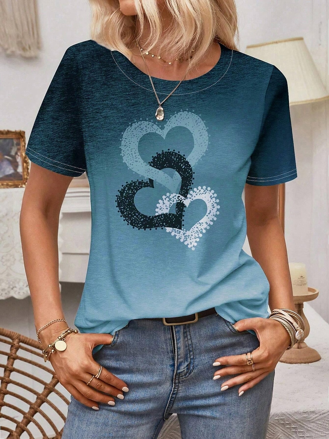 Women's T Shirt Heart Casual Short Sleeve Round Neck Regular Tops Daily Print Pink Blue Purple Summer 2025 - $19.99 –P2