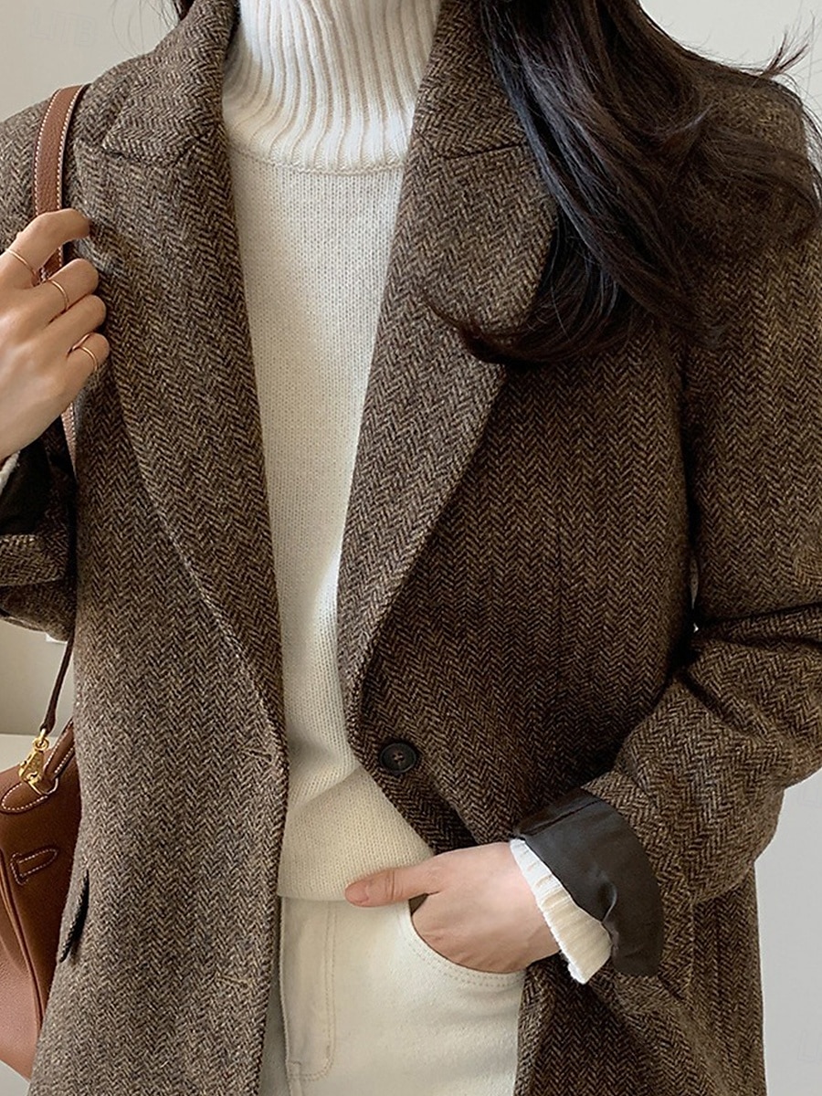 Damen Blazer Sakko warm halten Atmungsaktiv Patchwork Tasche OL-Stil Modern Feste Farbe Büro / Geschäftlich Ausgehen Standard Umlegekragen Regular Fit Langarm Oberbekleidung Braun Grau Herbst Winter 2025 - $41.99 –P4