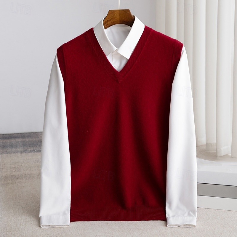 Voor heren Trui vest breien Effen Kleur V-hals Gebreid Elegant Buiten Huis Kleding Lente Herfst Rode Wijn Zwart S M L 2025 - $49.99 –P9