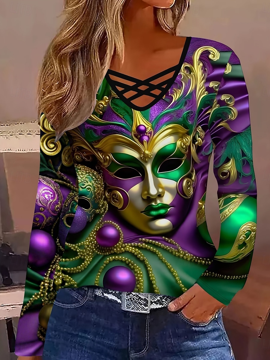 Mardi gras Damskie Podkoszulek Koszulki Graficzny Codzienny Długi rękaw W serek Zwykłe topy Codzienny Z wycięciem Nadruk Fioletowy Zielony Wiosna Jesień 2025 - $22.99 –P1