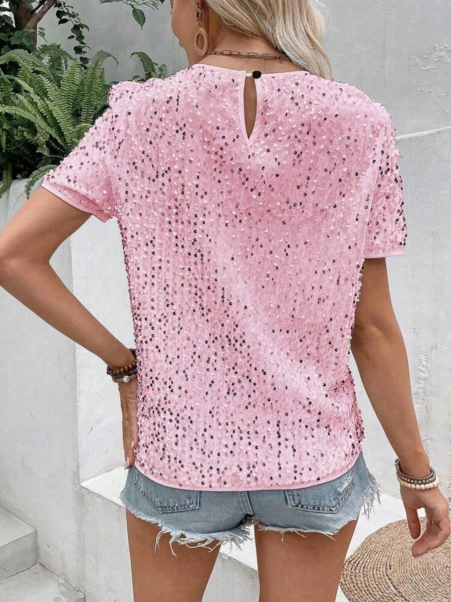 Dame Paljetter Glitrende Party Glimmer عادي Mote Moderne Fritid Kortermet Crew-hals Vanlige topper Daglig Helg Paljetter Svart Rosa Gull Sommer Vår 2025 - $32.99 –P7