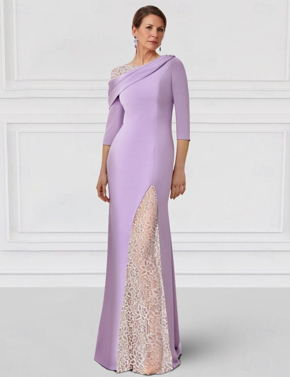 A-Linie Kleid Mutter der Braut Kleid Elegantes Juwelenausschnitt Bodenlanger Stretchstoff 3/4 Länge Ärmel mit Spitze einfarbig 2025 - $177.99 –P1