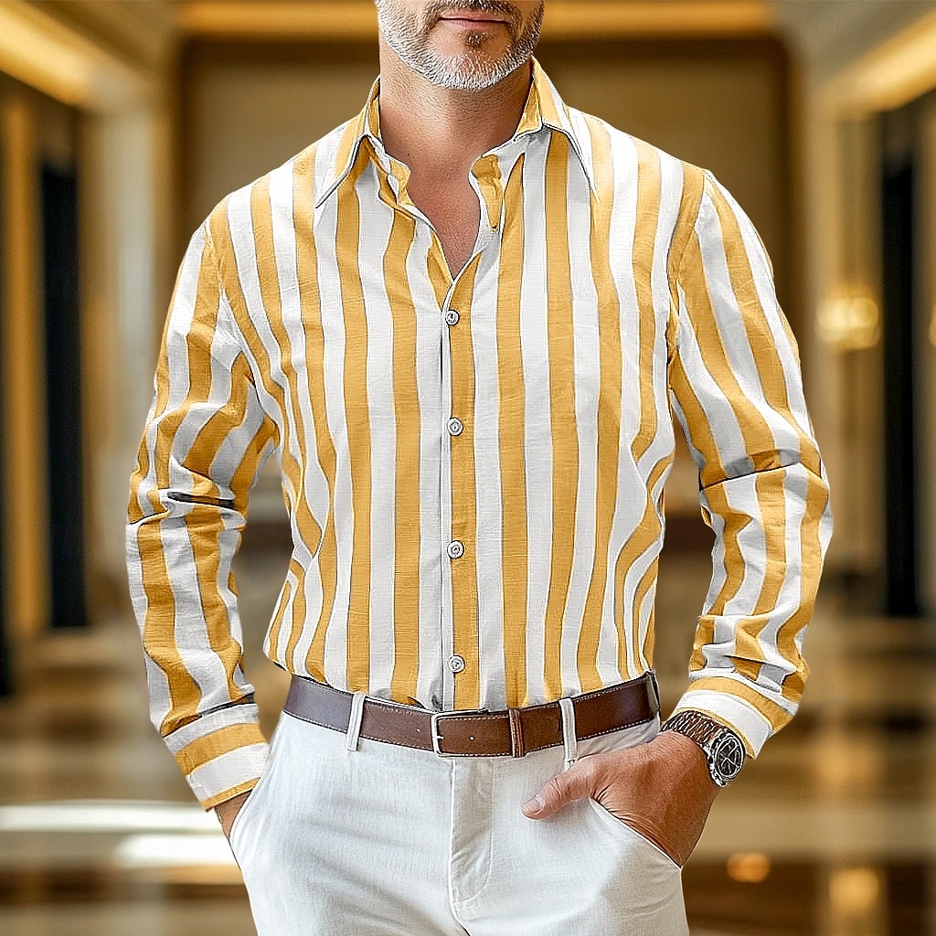 Per uomo Camicia camicia di lino Camicia in lino e cotone Camicia estiva Camicie A strisce Attività commerciale Casual / quotidiano Giallo Rosa Blu marino Verde Manica lunga Collo ripiegabile del 2025 a $26.99 –P6