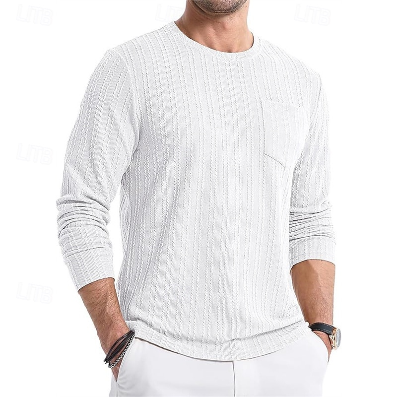 Herren T Shirt T-Shirt Langarmshirt Langarm Rundhalsausschnitt Frühling & Herbst Einfach Mode Designer Basic Tasche Jacquard Urlaub Straße Ausgehen Dunkel Braun Schwarz Weiß Top T-Shirt für Herren 2025 - $24.99 –P3