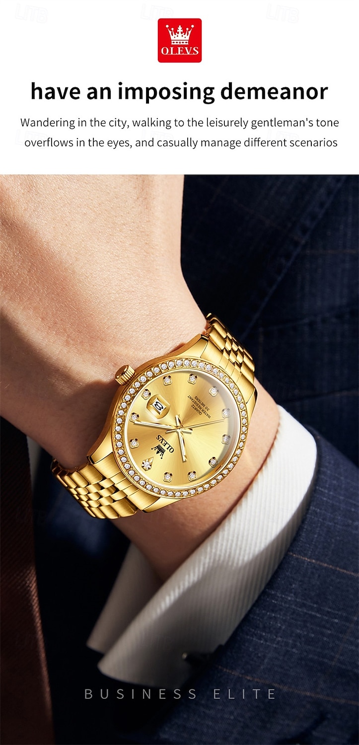 New Olevs Olevs Brand High-Grade Business With Diamond Men'S Watch Luminous Calendar Steel Belt Simple Leisure Fashion Quartz Watch Waterproof Sports Men'S Wristwatch 2025 - $36.99 –P12