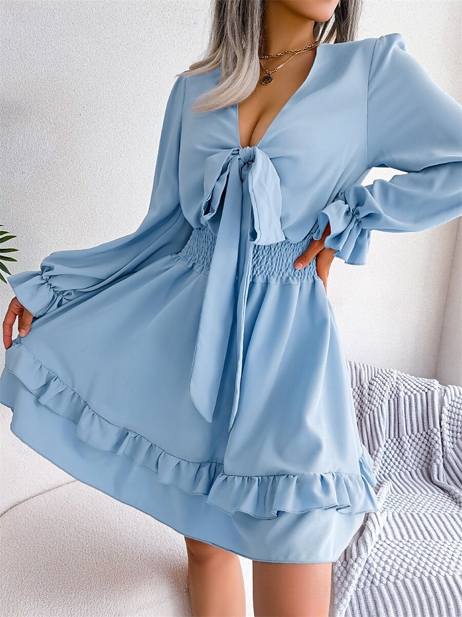 Mujer Mini vestido Vestido informal Vestido de una línea Elegante Estilo lindo Casual Vacaciones Fiesta Diario Ajuste regular Plano Manga Larga Escote en Pico Blanco Rosa Azul Piscina Primavera Otoño 2025 - $35.99 –P8