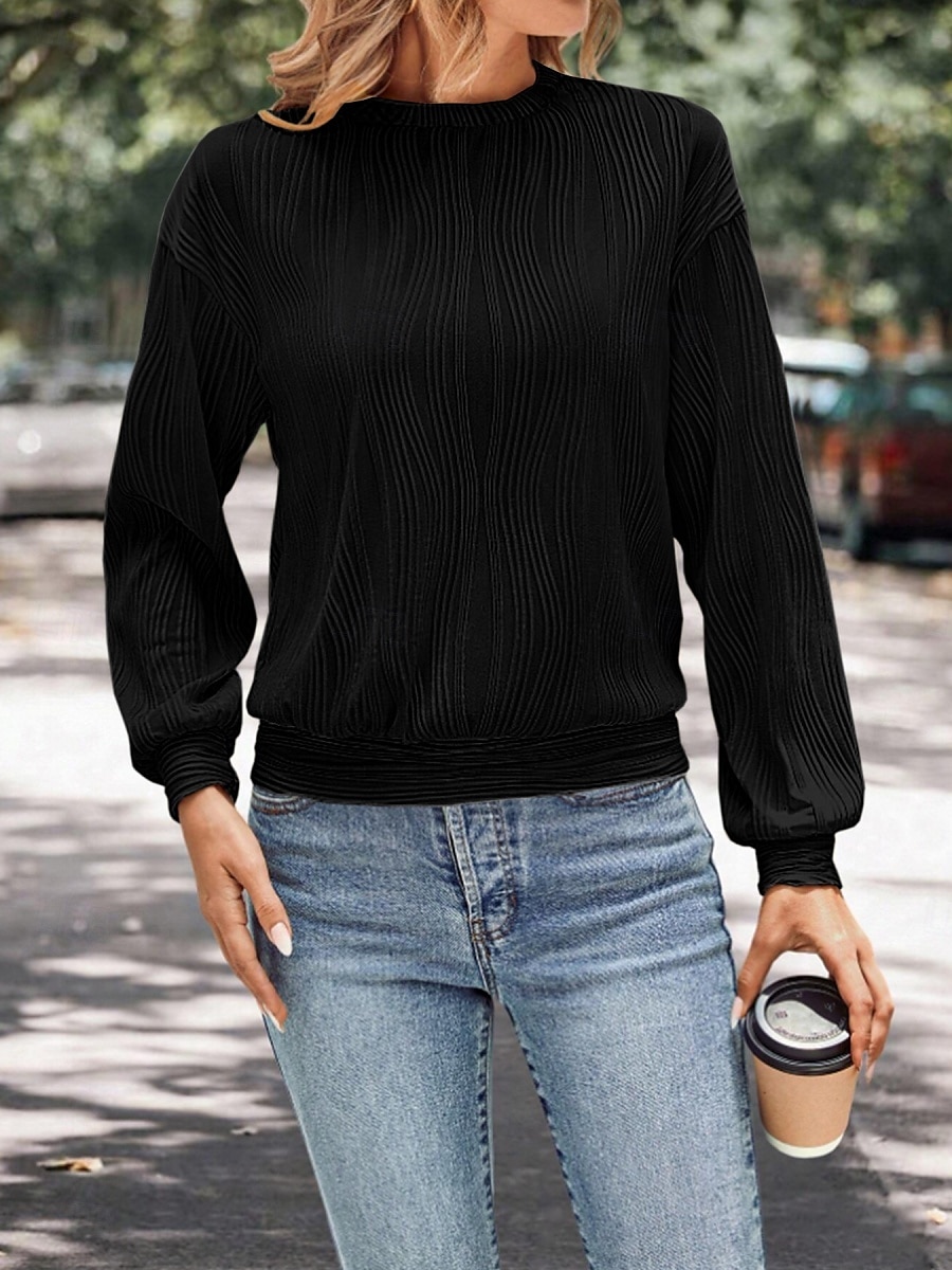 Women's Shirt Blouse Solid Color Basic Casual Long Sleeve Crew Neck Regular Tops Daily Patchwork Black White Beige Fall Winter 2025 - $27.99 –P2