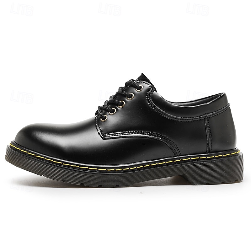Men's Black Faux Leather Lace-Up Shoes with Yellow Stitching, Durable Casual Sneakers for Work and Everyday Wear 2025 - $54.99 –P4