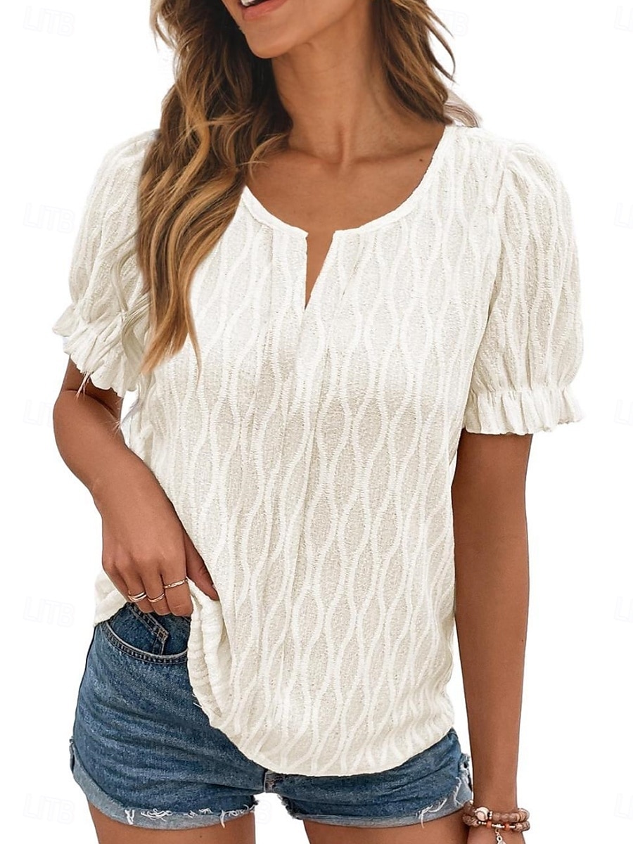 Top Eleganti in Pizzo Bianco per Donna con Occhielli Maglietta Moda Casual Semplice Regolare Maniche Lunghe Collo Intagliato Regolare Fit Giornaliero Weekend Romantico Petite Top Estivi da Vacanza del 2025 a $21.99 –P1