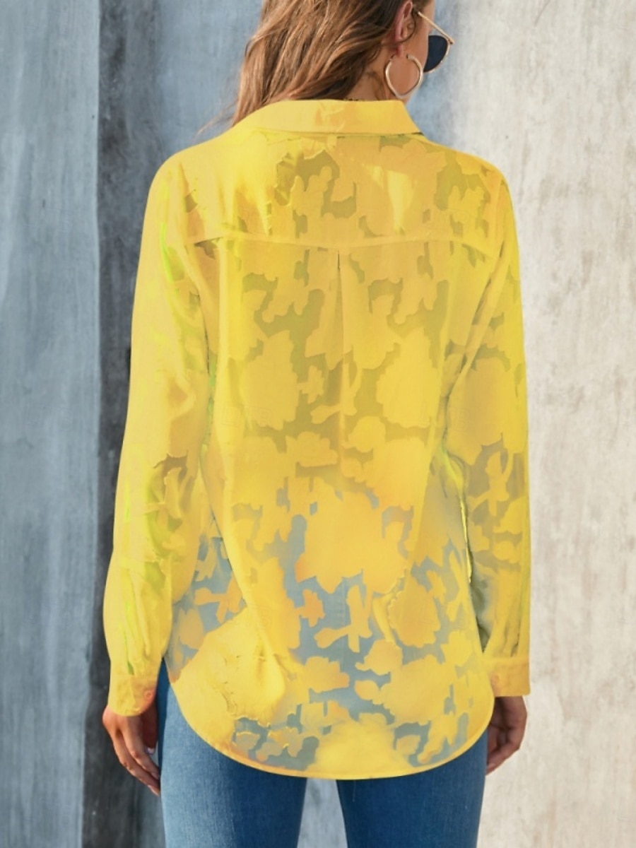 Kvinners hvite elegante blonde topper øyelet bluse uformell ensfarget vanlig topper lang erm skjortekrage knapper lomme vanlig passform daglig romantiske petite topper sommerferie slitasje hvit gul 2025 - $21.99 –P12
