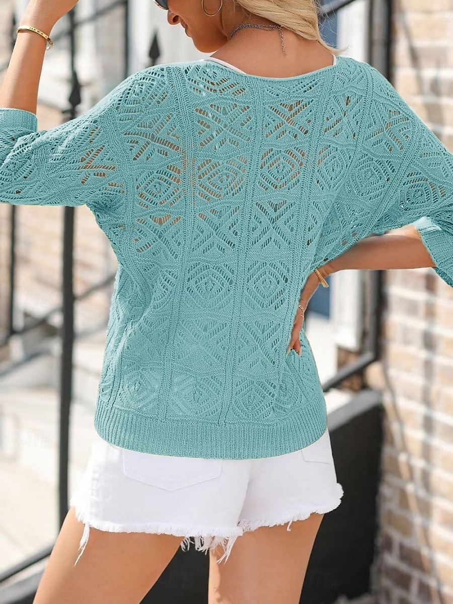 Femme Pull Chandail Décontractées Flexible Couleur monochrome A côtes Col V Tricoté Troué Manches 3/4 Hauts réguliers Tricoter Extérieur du quotidien Fin de semaine Vert Bleu clair Eté Printemps de 2025 ? $38.99 –P3