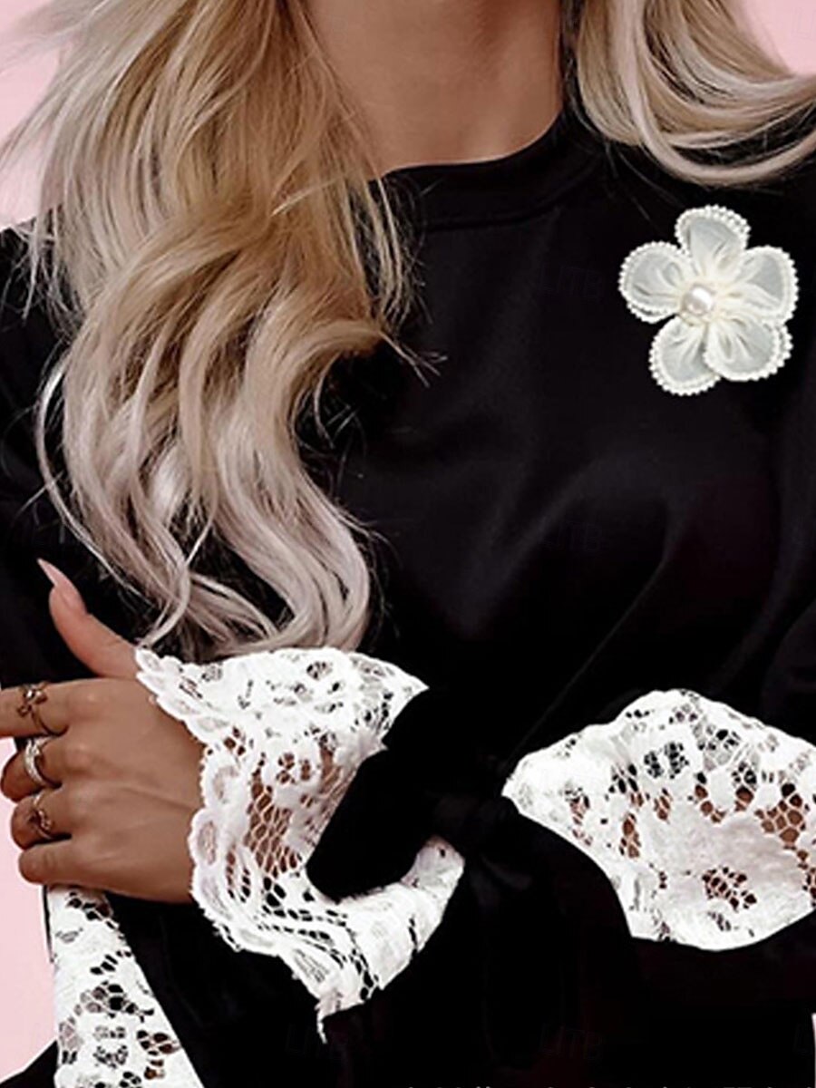 Per donna A strisce Di tendenza Informale Manica lunga Squadrata Top regolari Feste Informale Per uscire Nero Beige Autunno Inverno del 2025 a $33.99 –P3