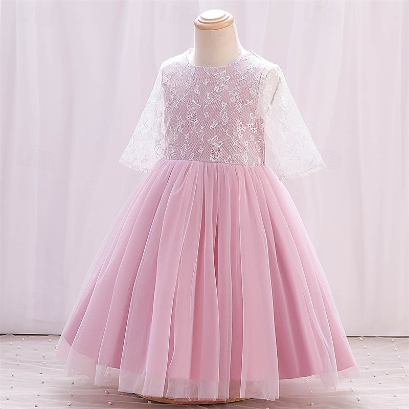 Blomsterpikekjole Barn Jente Prinsesse kjole Ytelse Bryllup Fest Elegant Vakker Netting Helfarge Kortermet Crew-hals Rosa 4 år + 2025 - $38.99 –P2