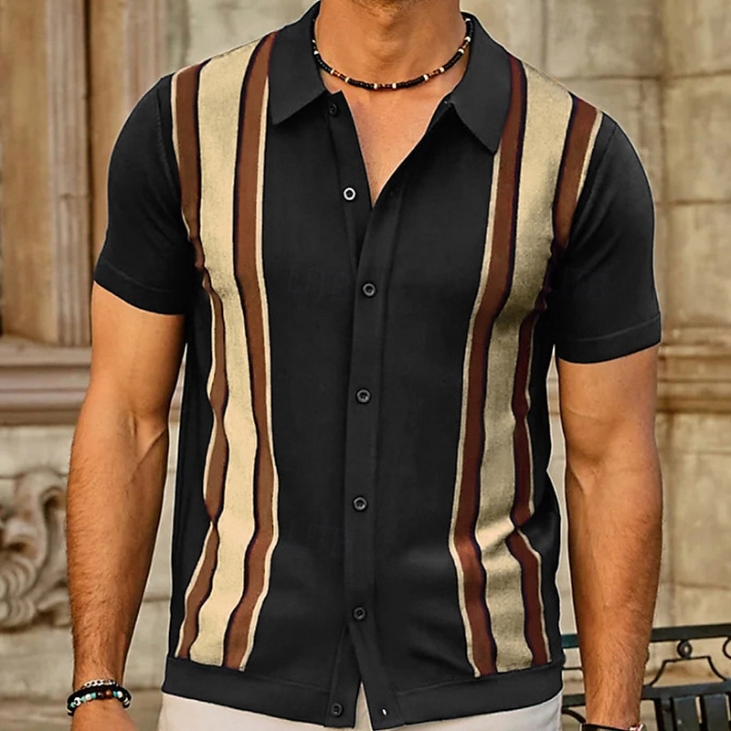 Férfi Button Up Polos Golfing Hétköznapi Sport Hajtóka Rövid ujjú Divat Alap Színes Kollázs Gombok Nyár Fekete Sötétkék Barna Button Up Polos 2025 - $28.99 –P8