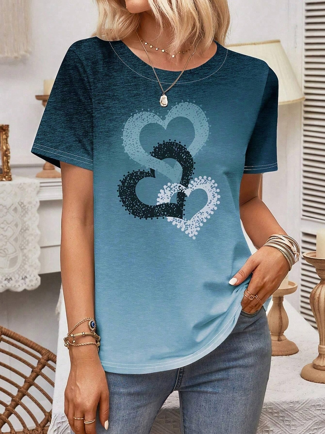 Women's T Shirt Heart Casual Short Sleeve Round Neck Regular Tops Daily Print Pink Blue Purple Summer 2025 - $19.99 –P9