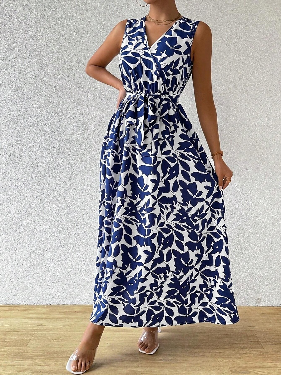 vestido longo feminino floral com decote em v sem mangas verão primavera de 2025 por $38.99 –P4