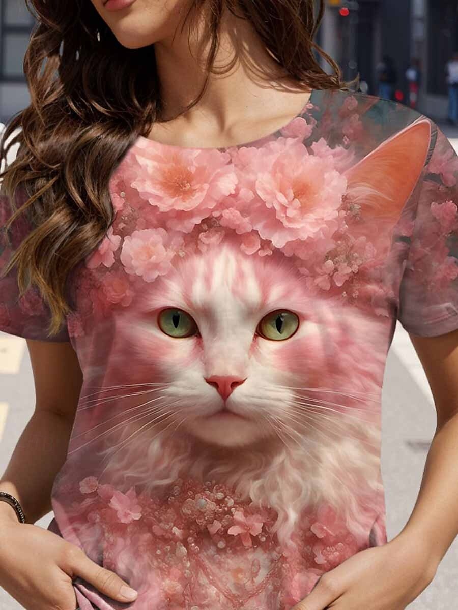 Dame T skjorte Blomstret Katt Fritid Kortermet Rund hals Vanlige topper Daglig Trykt mønster Rosa Sommer 2025 - $19.99 –P3