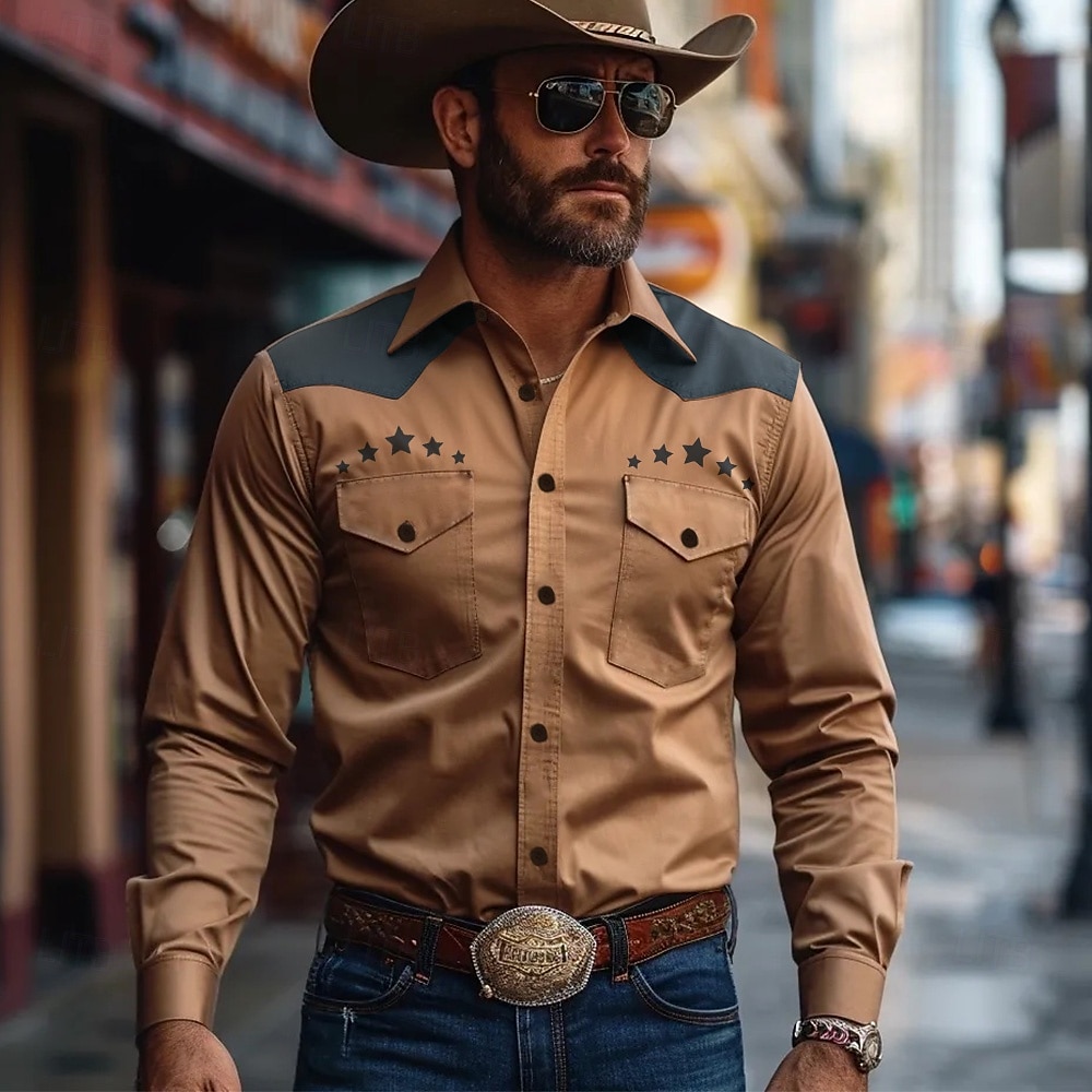 Herr Stjärna Västerländsk skjorta Cowboyskjorta Långärmad Västra Vår Höst Nedvikt Knappen uppåt Brun 2025 - $31.99 –P1