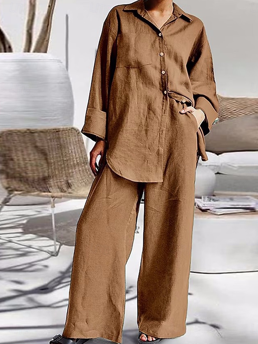Pentru femei Zilnic Cămașă Seturi inspirate de in Seturi din două piese Pantaloni cu picioare largi Pantaloni Manșon Lung Guler Cămașă Culoare solidă Peteci În aer liber Mov Kaki Bej Primăvară 2025 - $36.99 –P1