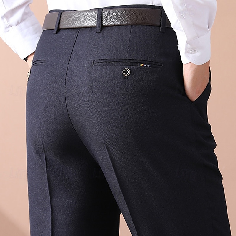 Men's Dress Pants Trousers Suit Pants Pocket Straight Leg Plain Wearable Wrinkle Resistant Full Length Formal Wedding Work Fashion Basic Black Navy