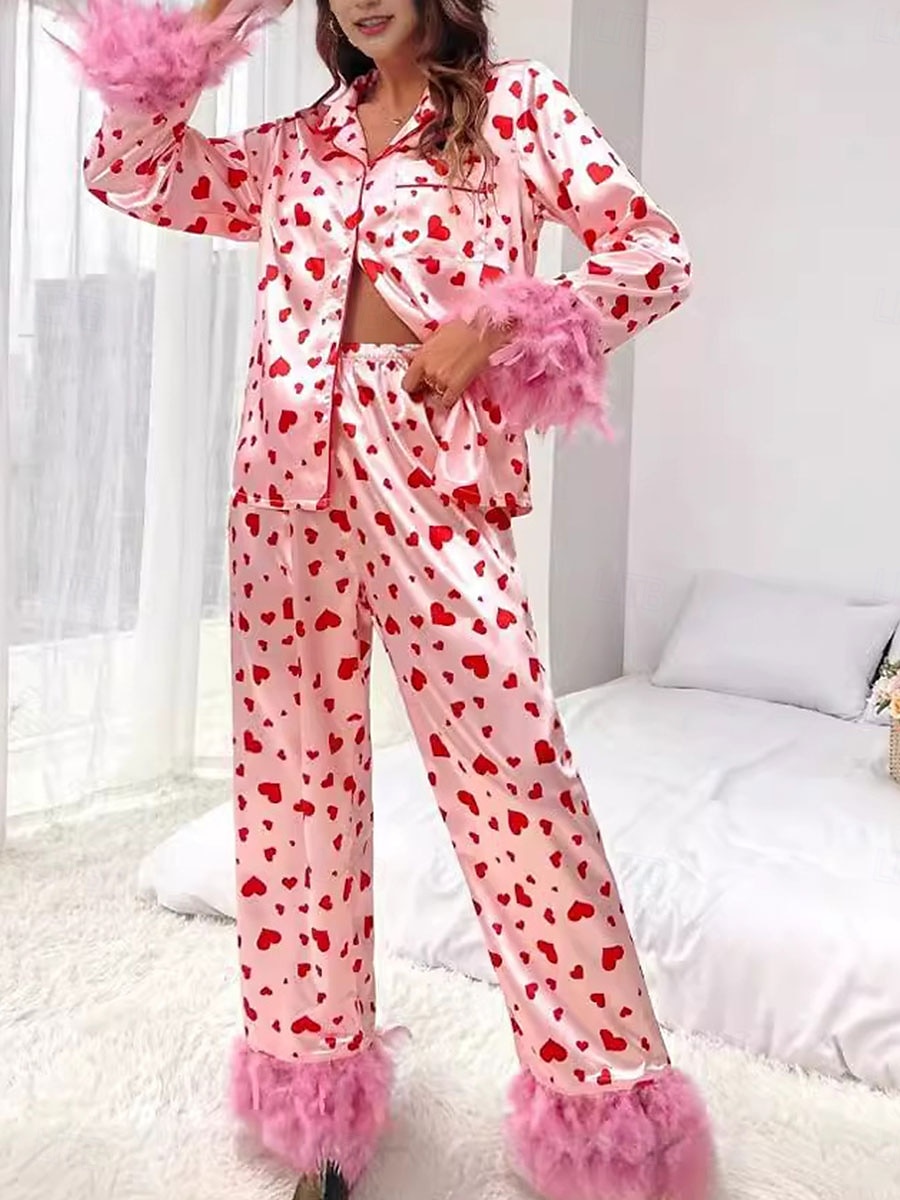 Women's Pajama Set Casual Comfort Heart Elastic Waist Shirt Pant Home Valentine's Day Daily Long Sleeve Shirt Collar Pink Summer Spring Fall Loose Fit 2025 - $57.99 –P5