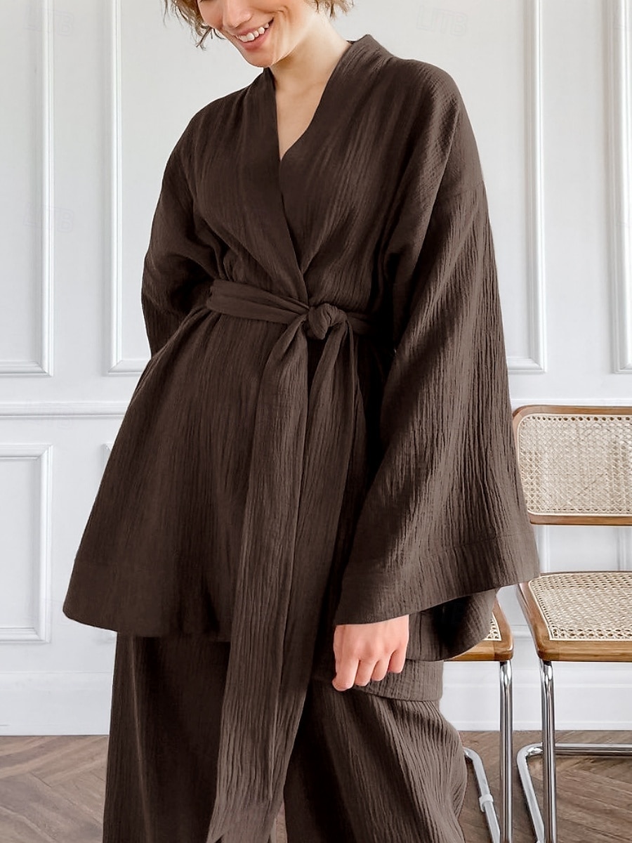 Dame Pyjamas Sett Fritid Komfort Ren farge Blondér Elastisk midje Kjole Topp Bukse Hjem Daglig Langermet V-hals Hvit Blå Brun Sommer Vår Høst Normal 2025 - $71.99 –P6
