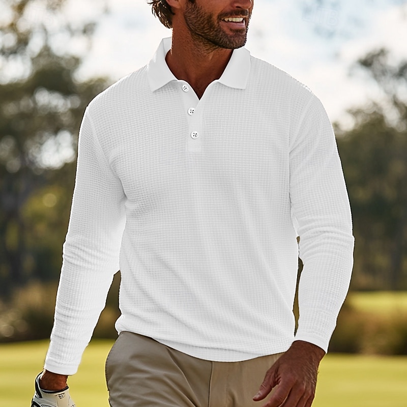 Herr Våffelpikétröjor Golftröja Ledigt Helgdag Klassisk Långärmad Mode Bekväm Ensfärgat Knapp Fram Button-Down Vår & Höst Normal Svart Vit Grå Våffelpikétröjor 2025 - SGD S$31.04 –P1