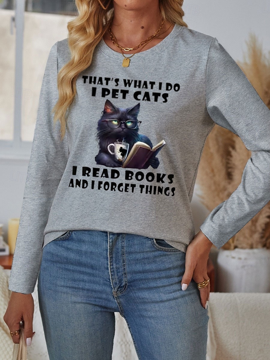 Damskie Podkoszulek Nadruk Kot Litera Codzienny Długi rękaw Okrągły dekolt Zwykłe topy Codzienny Weekend Niebieski Beżowy Szary Jesień Zima 2026 - $24.99 –P4