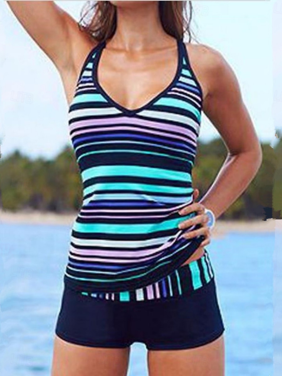 Dam Badkläder Tankini 2 st Pojkeben Baddräkt Öppen rygg Hög midja Semester Standkläder Rand V-hals Ärmlös Baddräkter 2025 - $25.99 –P1