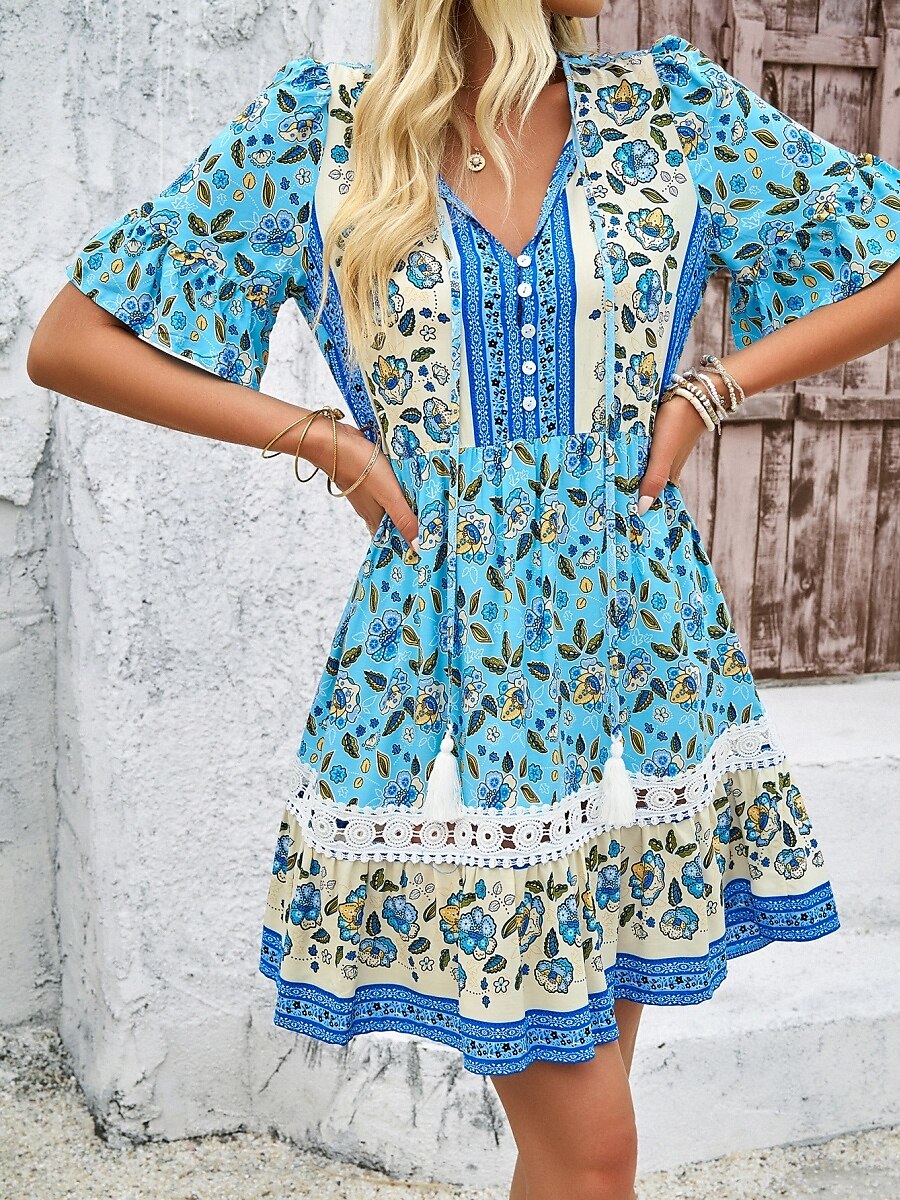 Női Mini ruha hétköznapi ruha Boho ruha Csehország Alkalmi Vakáció Napi Normál Virágos Féhosszú V-alakú Medence Tavasz Ősz 2025 - $46.99 –P6