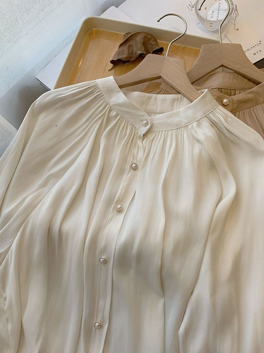 Dame Skjorte Helfarge Elegant Stilfull Fritid Langermet Høyhalset Vanlige topper Arbeid Daglig Ut på byen Svart Blå Kakifarget Beige Sommer Vår Høst 2025 - $39.99 –P1