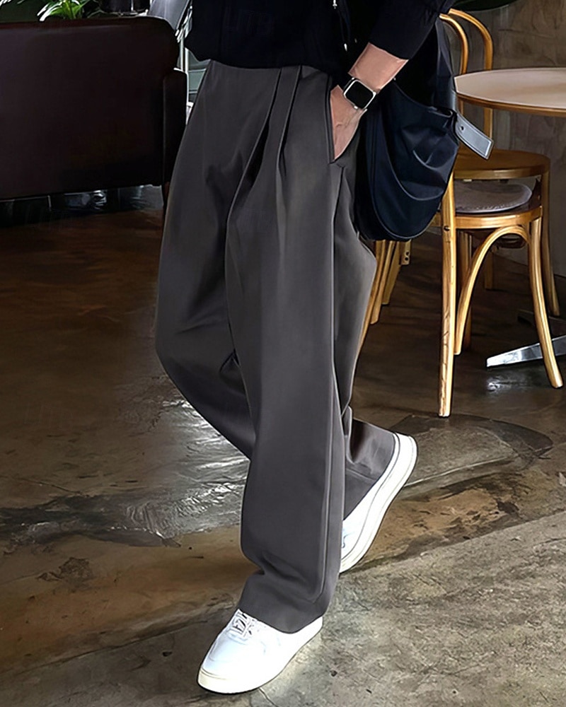 Homens Social Calças chinês Calças Plissadas Botões Bolsos Perna reta Tecido Conforto Formal Festa Trabalho Moda Estilo Clássico Preto Cinzento Escuro Micro-Elástica de 2025 por $23.99 –P6