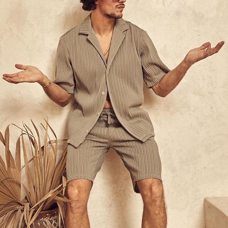 Men's 2 Piece Shirt Set Summer Set Matching Sets Casual Shirt Corduroy Shirt khaki Gray Short Sleeve Plain Collar Vacation Daily Clothing Apparel Fashion Casual Comfortable 2025 - $39.99 –P1