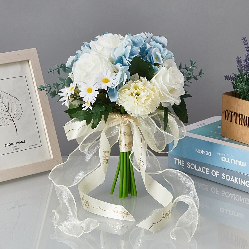 Ramos de novia para boda, ramo de novia de flores artificiales de seda azul y blanco con rosas falsas, arreglo floral fresco y único para bodas 2025 - $27.99 –P1