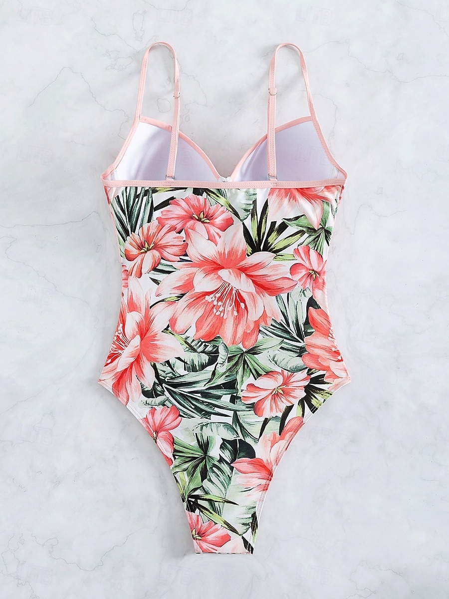 Dam Badkläder En bit Monokini Baddräkt Öppen rygg Magkontroll Hög midja Smal Semester Standkläder Blommig V-hals Ärmlös Baddräkter 2025 - $27.99 –P4