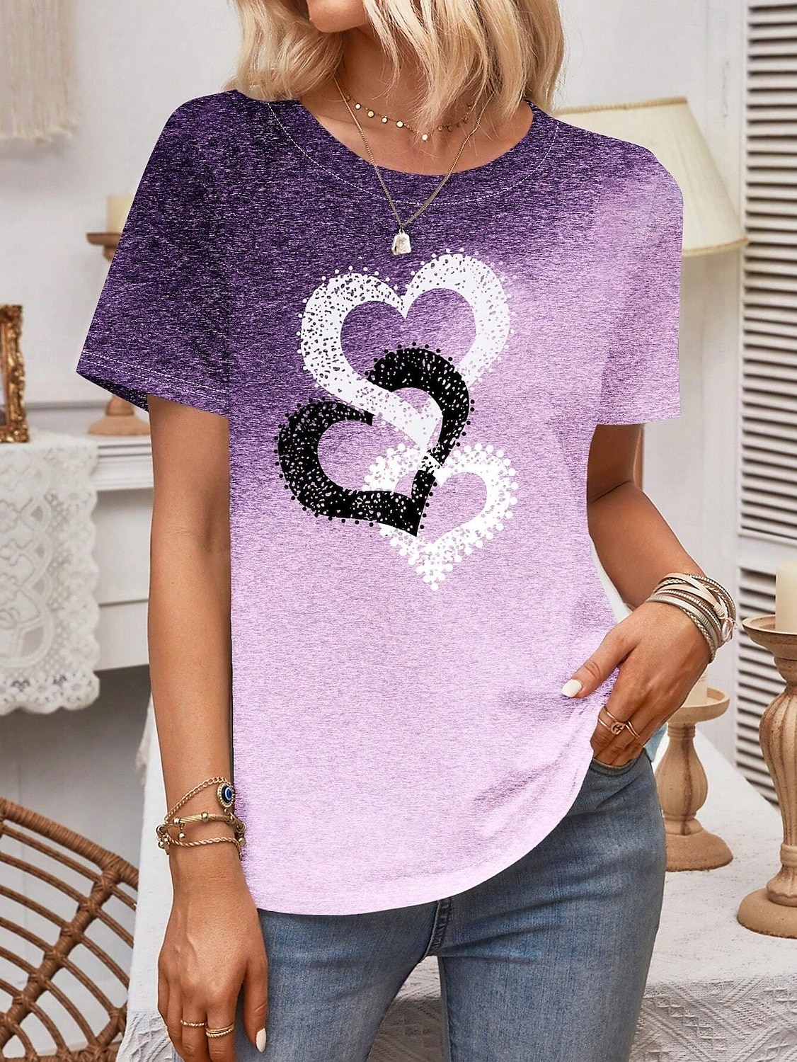 Women's T Shirt Heart Casual Short Sleeve Round Neck Regular Tops Daily Print Pink Blue Purple Summer 2025 - $19.99 –P7
