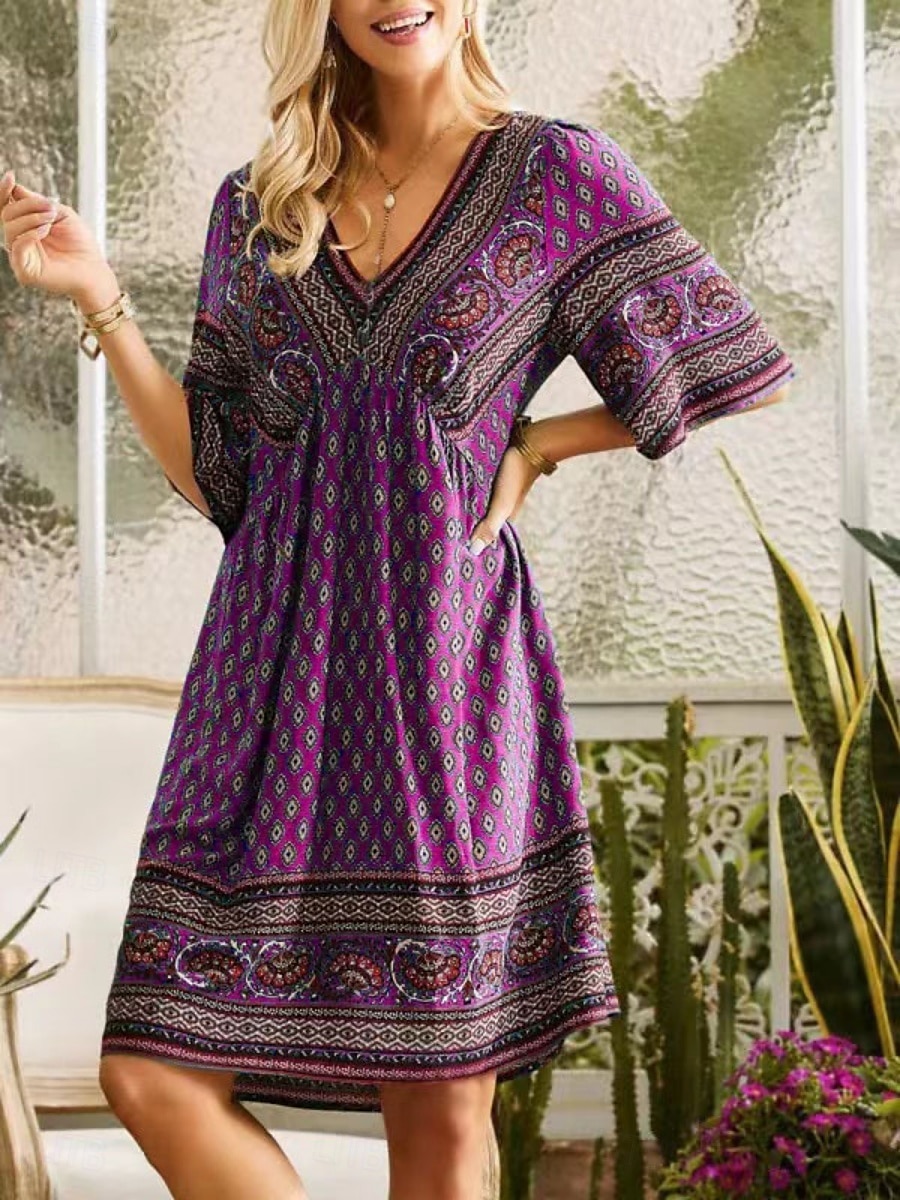 Damen Minikleid Casual kleid A Linie Kleid Boho-Kleid Böhmen Ethnisch Brautkleider schlicht Urlaub Täglich Regular Fit Blumen 3/4 Ärmel V Ausschnitt Purpur Fuchsie Grün Frühling Herbst 2025 - $35.99 –P4