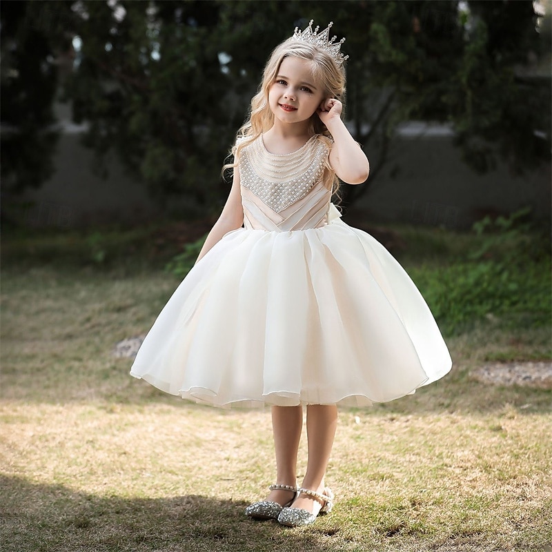 Robe de Demoiselle d'Honneur Fille enfants Fille Robe de princesse Utilisation Mariage Soirée Elégant Magnifique Maille Couleur unie Sans Manches Col Ras du Cou Blanche Champagne 4 ans et + de 2025 ? $38.99 –P11