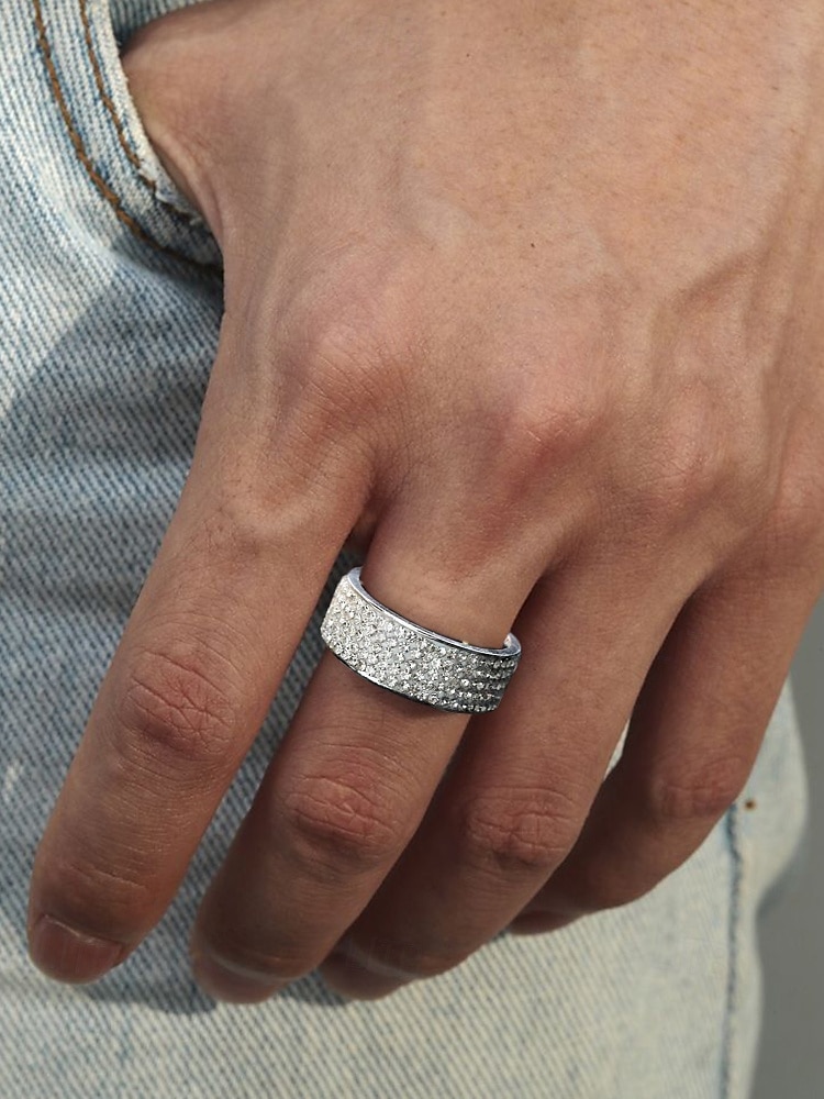 anelli da uomo a fascia larga con pavé di strass, acciaio inossidabile con finiture in oro, argento e nero, gioielli di lusso per feste, matrimoni e occasioni formali del 2025 a $7.99 –P1