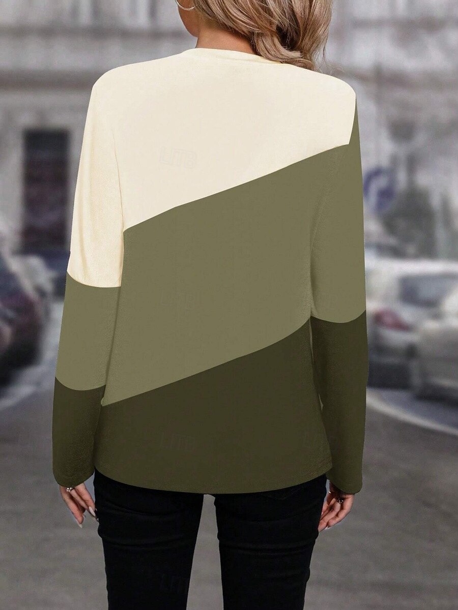 Koszulka Kobieca z Długim Rękawem Tunika Geometryczna Casual Regularne Top codzienny nadruk Zielony Wiosna Jesień 2025 - $22.99 –P2